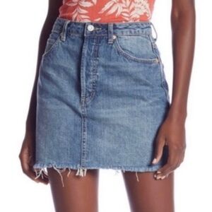 Custom distressed denim cross micro mini skirt